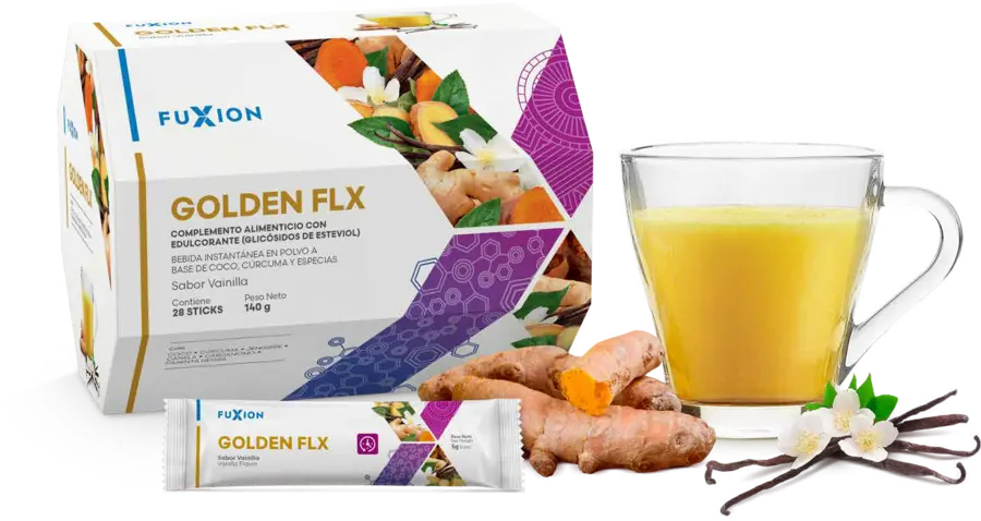 Caja original Golden FLX de España, stick, taza dorada, cúrcuma y vainilla.